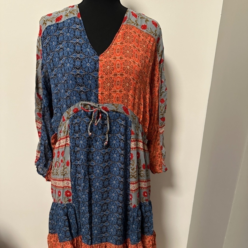 *ZARA* Multicolor Patchwork Long Sleeve Tie-Waist Dress Size XS